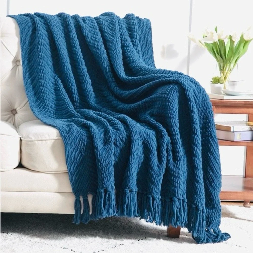 NEW Blue Knit Oversized Throw Blanket with Fringe Cozy Winter Home Decor Accent